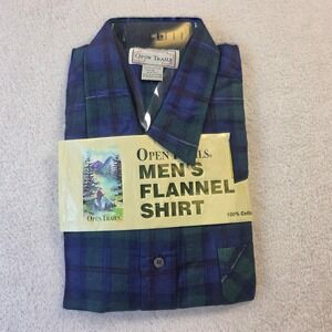 Open Trails Mens Flannel Shirt XL Blue Green Plaid Cotton Long Sleeve NWT